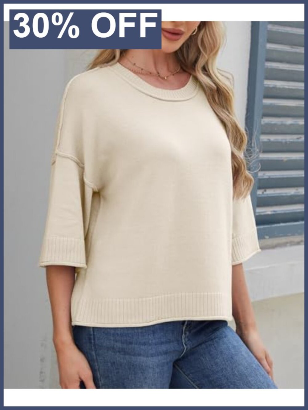Oversized Cropped Knit Sweater Pullover Crew Neck 3/4 Sleeve Loose Fit Casual - Picture 4 of 6
